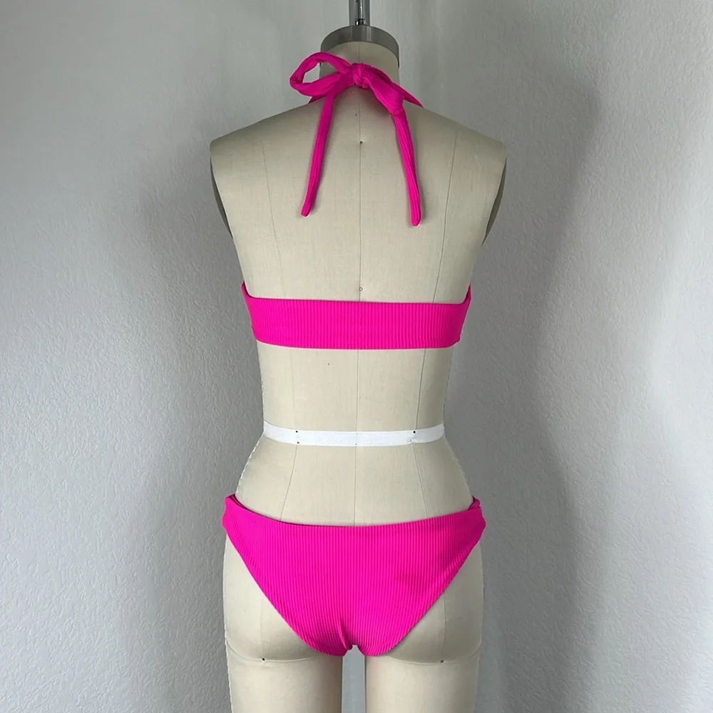Frankies Bikinis Ribbed Henley Halter Top Neon Pink Bikini Knockout Pink
